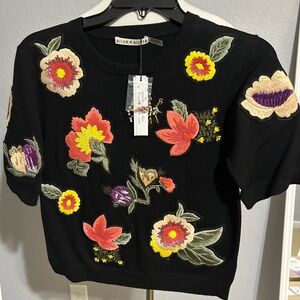 Alice and Olivia Ciara Embroidered Black/Multi Flower Patch Sweater